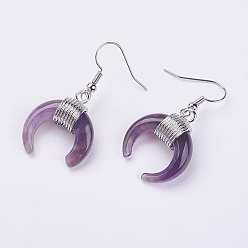 Amethyst Natural Amethyst Dangle Earrings, with Platinum Plated Brass Findings, Double Horn/Crescent Moon, 40mm, Pin: 0.6mm