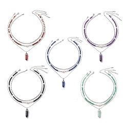 Mixed Stone 3Pcs 3 Style Natural Gemstone & Pearl & Synthetic Hematite Beaded Necklaces Set, Gemstone Bullet Pendant Necklaces with 304 Stainless Steel Chains for Women, 16.10~16.34 inch(40.9~41.5cm), 1Pc/style