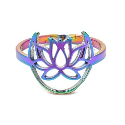 Rainbow Color Ion Plating(IP) 304 Stainless Steel Hollow Lotus Adjustable Ring for Women, Rainbow Color, US Size 6(16.5mm)