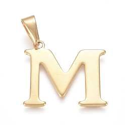 Letter M 304 Stainless Steel Pendants, Golden, Initial Letter.M, 26~27x27~28x1.5mm, Hole: 4x9mm