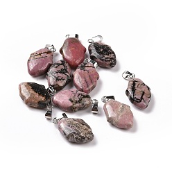 Rhodonite Natural Rhodonite Pendants, Hamsa Hand Charms, with Platinum Plated Alloy Snap on Bails, 24~24.5x15x7mm, Hole: 5.5x3mm