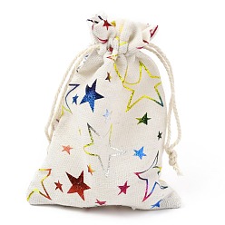 Étoile  Sac en tissu en coton thème noël, sacs à cordonnet, pour les ornements de cadeau de collation de fête de noël, motif en étoile, 14x10 cm