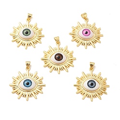 Mixed Color Evil Eye Resin Brass Pendants, Sun Charm, Real 18K Gold Plated, Mixed Color, 29.5x29x6mm, Hole: 5x3mm