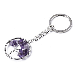 Amethyst Natural Amethyst Chips Chakra Keychain, with Platinum Plated Stainless Steel Split Key Rings, Flat Round with Tree, 90mm