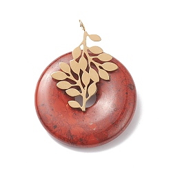 Red Jasper Natural Red Jasper Pendants, with Ion Plating(IP) Golden Color Tone 304 Stainless Steel Findings, Leaf with Donut/Pi Disc Charm, 37~38x30x10~11mm, Hole: 3mm