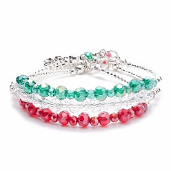 Colorful Glass Beaded Multi-strand Bracelet, Alloy Christmas Tree Charm Triple Layers Bracelet for Women, Colorful, 7-3/4 inch(19.8cm)