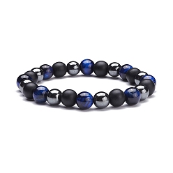 Prussian Blue Round Stone Beads Stretch Bracelets, Natural Tiger Eye & Synthetic Black Stone & Hematite Beads Bracelet for Women, Prussian Blue, Inner Diameter: 2-1/8 inch(5.5cm)