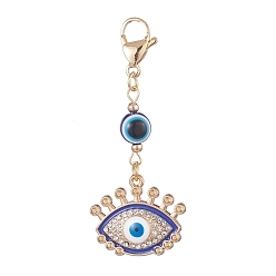 Eye Alliage d'émail mauvais œil avec décoration pendentif en strass, perles de résine et 304 fermoirs mousqueton en acier inoxydable, oeil, 57mm