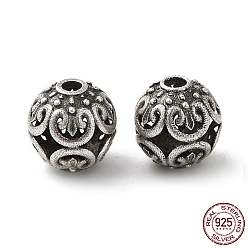 Plata Antigua 925 perlas de plata esterlina, hueco redondo con la flor, plata antigua, 7.5 mm, agujero: 1.6 mm