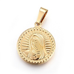 Golden 201 Stainless Steel Pendants, Flat Round with Virgin, Golden, 23x20x2.5mm, Hole: 4x8.5mm