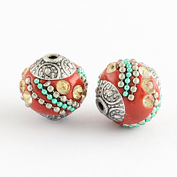 Red Handmade Indonesia Beads, with Jonquil Rhinestones and Alloy Cores, Round, Antique Silver, Red, 14~16x14~16mm, Hole: 1.5mm