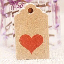 BurlyWood Etiquetas de regalo de papel, etiquetas de suspensión, para manualidades, para la boda, Día de San Valentín, rectángulo con el modelo del corazón, burlywood, 50x30x0.4 mm, agujero: 5 mm