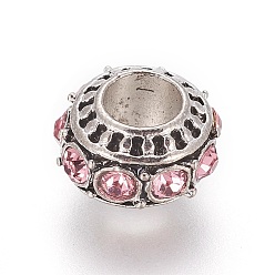 Rosa Claro Abalorios europeos de aleación de estilo tibetano, con diamante de imitación, abalorios de grande agujero, Rondana plana, rosa luz, 10~11x7 mm, agujero: 5 mm