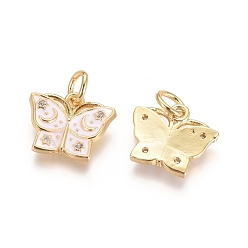 White Brass Micro Pave Cubic Zirconia Charms, with Enamel, Jump Rings, Butterfly, Clear, White, 10x12x2mm, Hole: 3.4mm