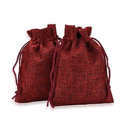 Rouge Foncé Sacs en polyester imitation toile de jute sacs à cordon, pour noël, fête de mariage et emballage de bricolage, rouge foncé, 14x10 cm