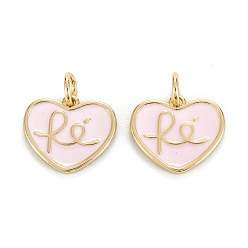 Pink Brass Enamel Charms, Real 18K Gold Plated, Long-Lasting Plated, Heart with RE, Pink, 12x13.5x1.5mm, Hole: 3mm, Jump Ring: 5x0.8mm