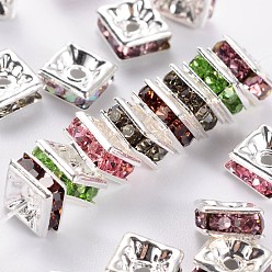 Silver Brass Rhinestone Spacer Beads, Square, Nickel Free, Silver Color Plated, Mixed Color, about 5mm long, 5mm wide, 2.5mm thick, hole: 1mm