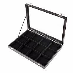 Negro Cajas de imitación cuero y madera, con vidrio, Rectángulo, negro, 24x35x4.5 cm