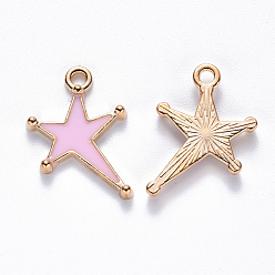 Pink Alloy Enamel Pendants, Star, Light Gold, Pink, 21x15x2mm, Hole: 2mm