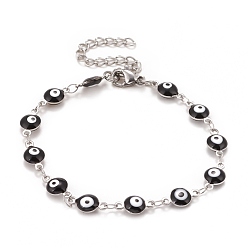 Black Enamel Oval with Evil Eye Link Chains Bracelet, 304 Stainless Steel Jewelry for Women, Stainless Steel Color, Black, 6-1/2 inch(16.5cm)