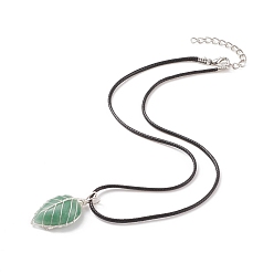 Green Aventurine Natural Green Aventurine Leaf Cage Pendant Necklace with Waxed Cords, Gemstone Jewelry for Women, 17.32 inch(44cm)