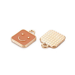 Chocolate Alloy Enamel Charms, Cadmium Free & Lead Free, Light Gold, Square with Smile, Chocolate, 13x10x1.5mm, Hole: 1.6mm