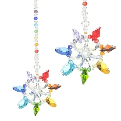 Colorful Flower Faceted Glass Pendant Decoration, with Brass Cable Chains and 304 Stainless Steel Jump Rings, for Home Decoration, Colorful, 182mm, Hole: 8mm