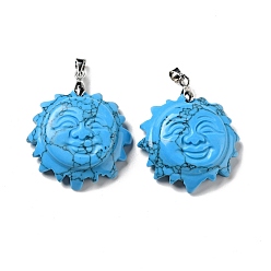 Synthetic Turquoise Synthetic Turquoise Pendants, with Platinum Tone Brass Findings, Lead Free & Cadmium Free, Sun with Smiling Face, 36x29~29.5x9.5mm, Hole: 4x5mm