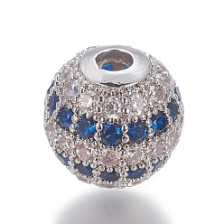 Platinum Brass Cubic Zirconia Beads, Round, Blue, Platinum, 10x9.5mm, Hole: 2.5mm