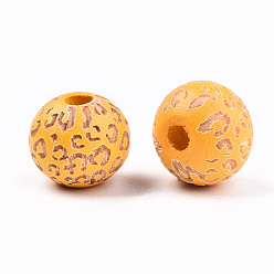 Orange Painted Natural Wood Beads, Laser Engraved Pattern, Round with Leopard Print, Orange, 10x8.5mm, Hole: 2.5mm