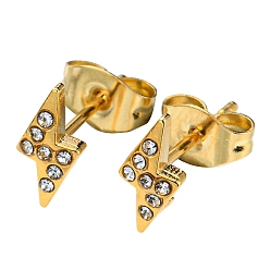 Golden Vacuum Plating 304 Stainless Steel Stud Earrings with Rhinestone for Women, Lightning Bolt, Golden, 9x4mm