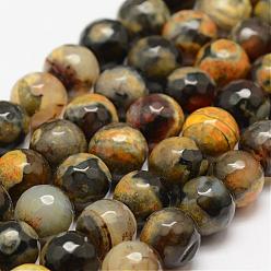 Yellow Faceted Natural Fire Crackle Agate Beads Strands, Round, Dyed & Heated, Yellow, 10mm, Hole: 1.5mm, about 38pcs/strand, 14 inch(35.6cm)