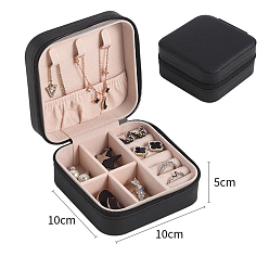 Black PU Leather Jewelry Box, Travel Portable Jewelry Case, Zipper Storage Boxes, for Necklaces, Rings, Earrings and Pendants, Square, Black, 10x10x5cm
