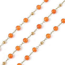 Orange Chaîne de perles rondes en jade naturel teint, avec chaînes satellites dorées 304 en acier inoxydable, non soudée, avec bobine, orange, 2.5x1x0.3mm, 5x4mm, 3mm, environ 32.81 pieds (10 m)/rouleau