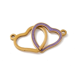 Pourpre Moyen 304 charmes de connecteur en acier inoxydable émaillé, liens double coeur, or, support violet, 14x27x1mm, Trou: 1.5mm