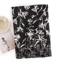 Black Polyester Neck Warmer Scarf, Winter Scarf, Flower Pattern Tassel Wrap Scarf, Black, 180x69mm