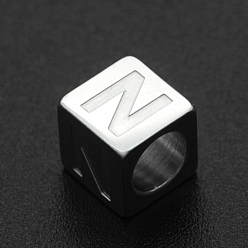 Letter N 201 Stainless Steel European Beads, Large Hole Beads, Horizontal Hole, Cube, Stainless Steel Color, Letter.N, 7x7x7mm, Hole: 5mm