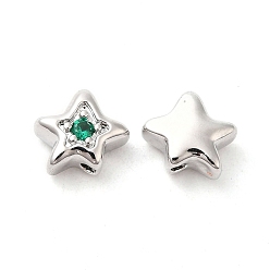 Vert Perles de cubes zircone en laiton , étoiles, platine, verte, 7x8x4mm, Trou: 1mm