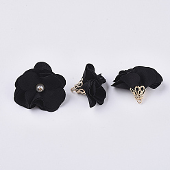 Black Handmade Cloth Pendant Decorations, with Alloy Findings, Flower, Black, 24~26x24~25mm, Hole: 2mm