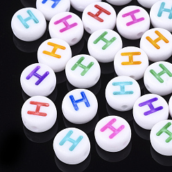 Letter H Initial Acrylic Beads, Horizontal Hole, Flat Round, Mixed Color, Letter.H, 7x3.5~4mm, Hole: 1.2mm, about 3700pcs/500g