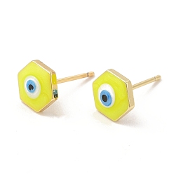 Jaune Hexagone en émail avec clous d'oreilles mauvais œil, bijoux en laiton plaqué or véritable 18k pour femmes, jaune, 8x9mm, pin: 0.8 mm