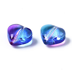 Bleu Perles de verre peintes par pulvérisation transparentes deux tons, cœur, bleu, 7.5x8x4.5mm, Trou: 0.9mm