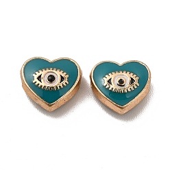 Verde azulado Perlas de esmalte de la aleación, corazón con ojo de caballo, dorado, cerceta, 9x10x4 mm, agujero: 1.6 mm