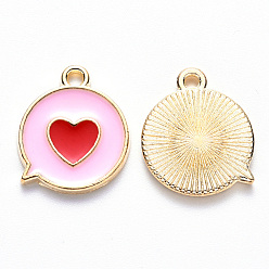 Perlas de Color Rosa Colgantes de la aleación del esmalte, cuadro de mensaje plano con corazón, la luz de oro, rosa perla, 17x14x1.5 mm, agujero: 1.6 mm