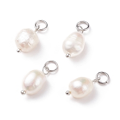 Platinum Grade B Natural Cultured Freshwater Pearl Charms, with 304 Stainless Steel Jump Rings, Polished Rice, Platinum, 13.5~15x7~7.5x5~6mm, Hole: 3.6mm