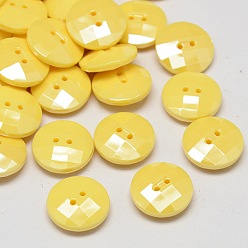 Lemon Chiffon Taiwan Acrylic Buttons, Pearl Luster, Faceted, 2-Hole, Flat Round, Lemon Chiffon, 10x4mm, Hole: 1mm