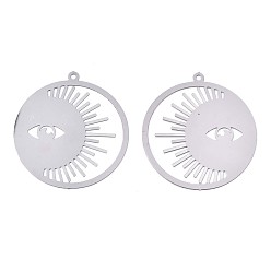 Stainless Steel Color 201 Stainless Steel Filigree Pendants, Etched Metal Embellishments, Ring with Eye, Stainless Steel Color, 32.5x30x0.3mm, Hole: 1.2mm