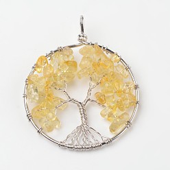 Citrine Tree of Life Natural Citrine Big Pendants, with Brass Findings, Platinum, 63~65x49~51x8~10mm, Hole: 8~10mm