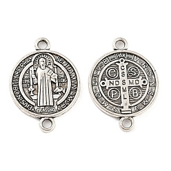 Antique Silver Tibetan Style Alloy Connector Charms, Cadmium Free & Lead Free, Religion Flat Round Links with Cross, Antique Silver, 29x21x2mm, Hole: 2.2mm, about 282pcs/1000g.