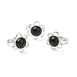 Obsidian Natural Obsidian Adjustable Rings, Platinum Tone Flower Brass Rings for Women, Cadmium Free & Lead Free, US Size 7 3/4(17.9mm), 3~7mm